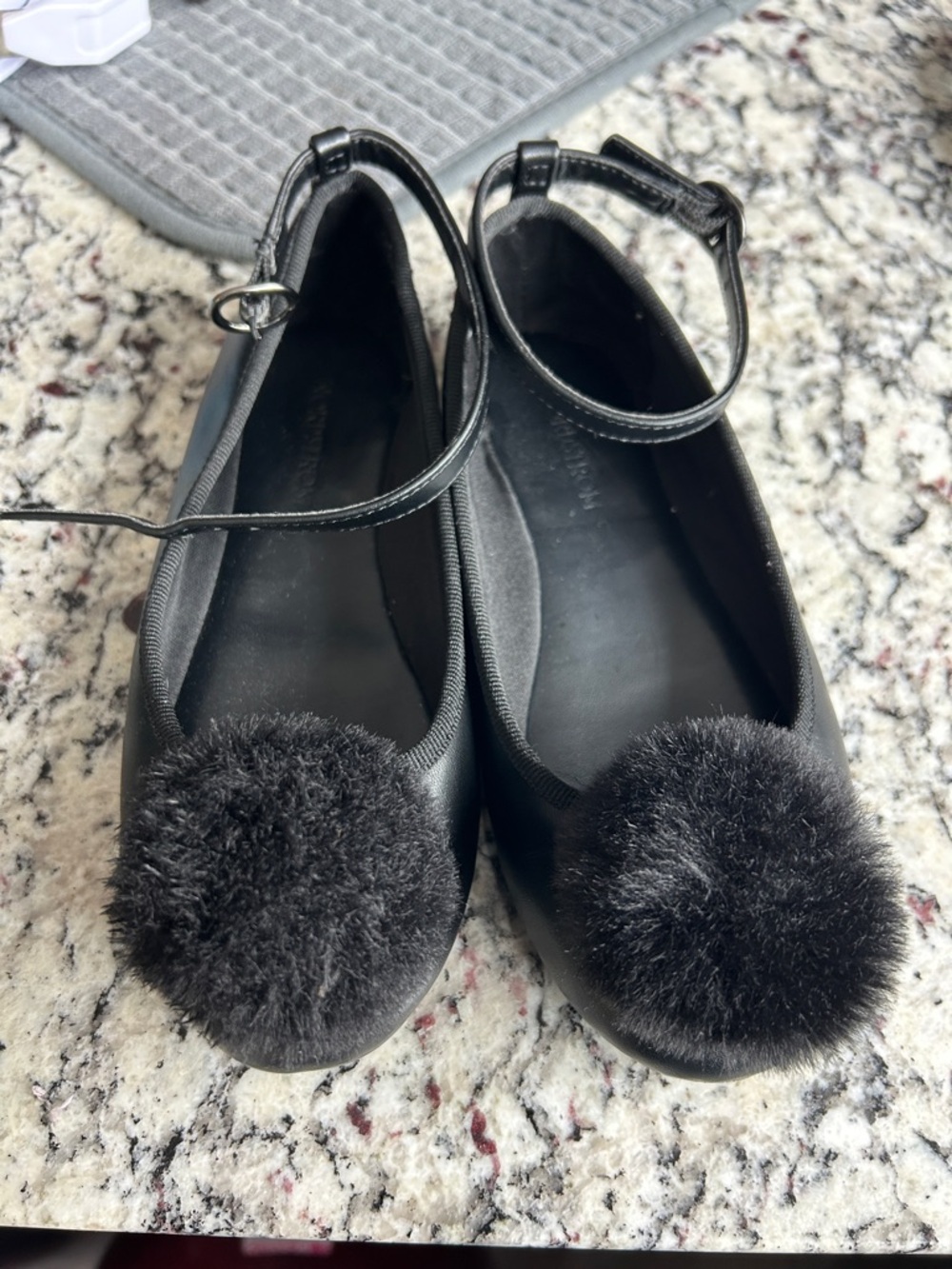 EUC Nordstrom Black Pom-Pom Ankle Strap Ballet Flats, kids size 13